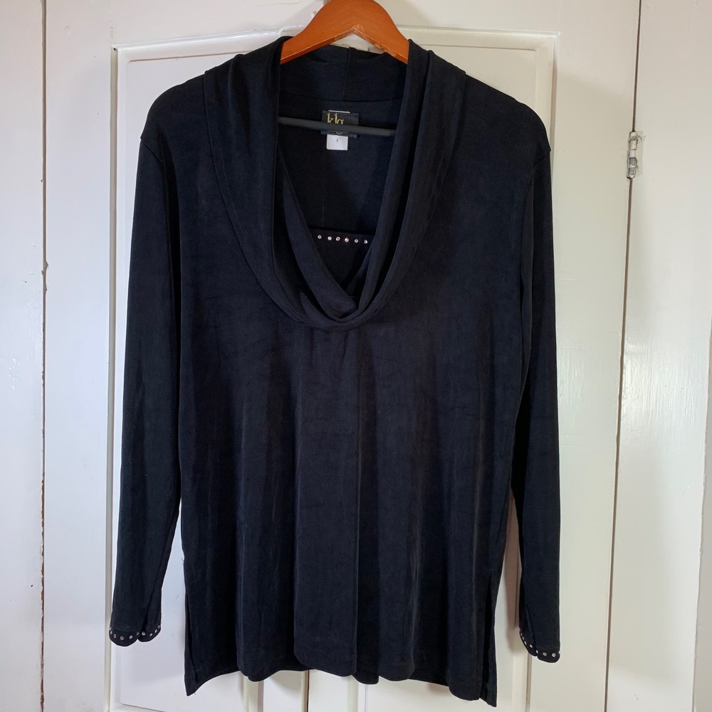 Y2K Glam Cowl Neck Top‎ M Black Rhinestones Vintage Stretch USA KLG & Co Travel